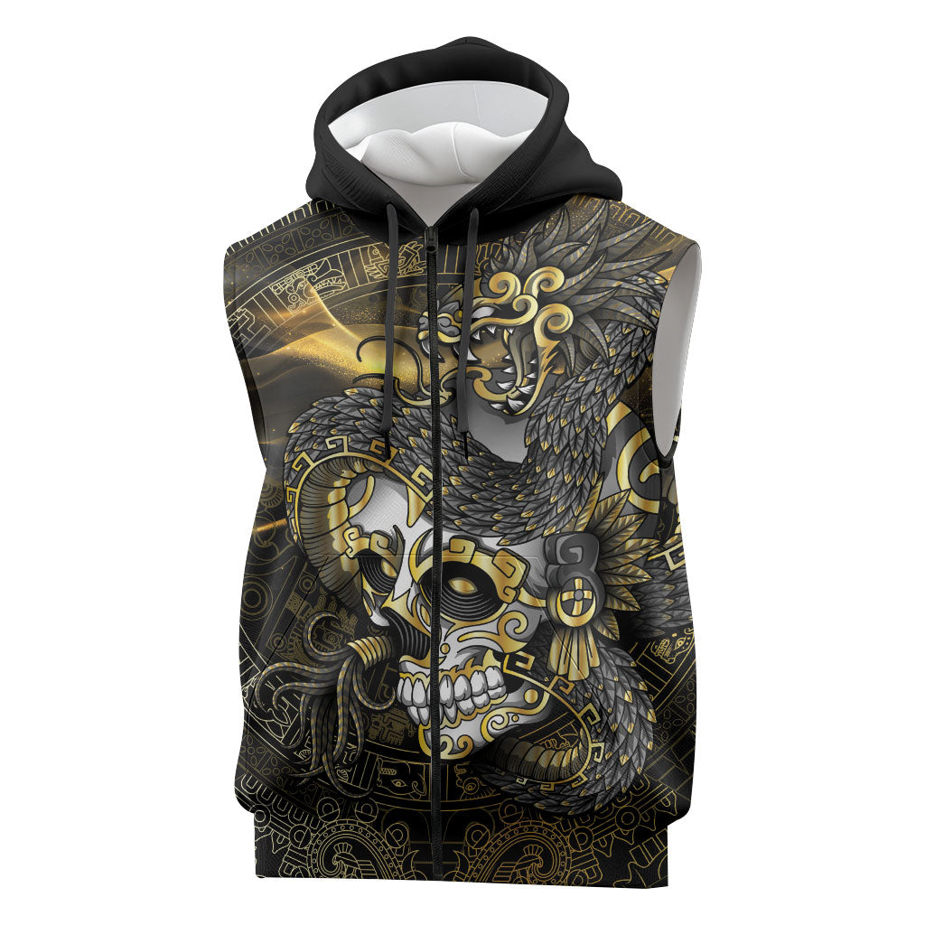 Mexico Quetzalcoatl Aztec Calendar Sleeveless Zip Hoodie Black Gold Tribal Warrior Art