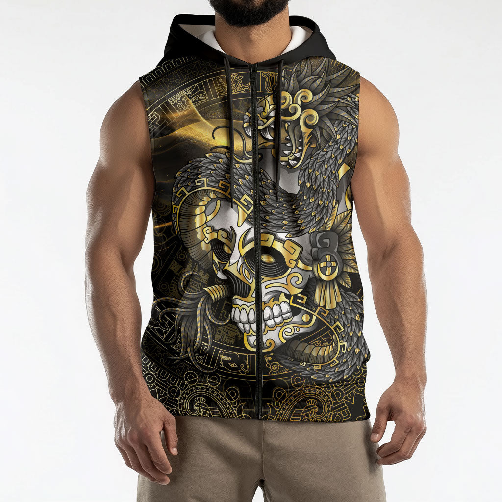 Mexico Quetzalcoatl Aztec Calendar Sleeveless Zip Hoodie Black Gold Tribal Warrior Art