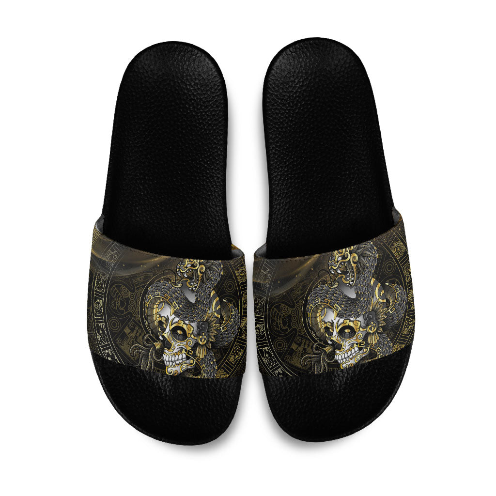 Mexico Quetzalcoatl Aztec Calendar Slide Sandals Black Gold Tribal Warrior Art