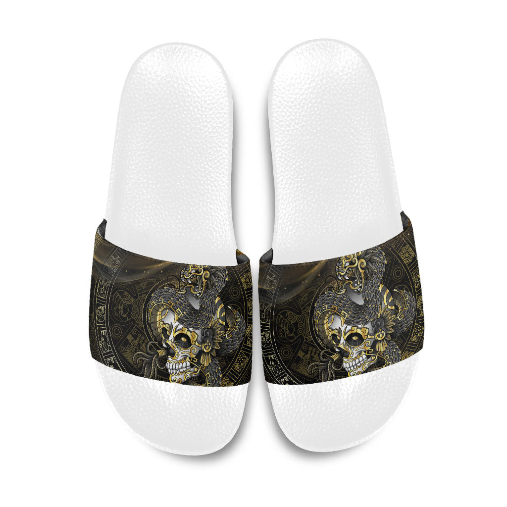 Mexico Quetzalcoatl Aztec Calendar Slide Sandals Black Gold Tribal Warrior Art