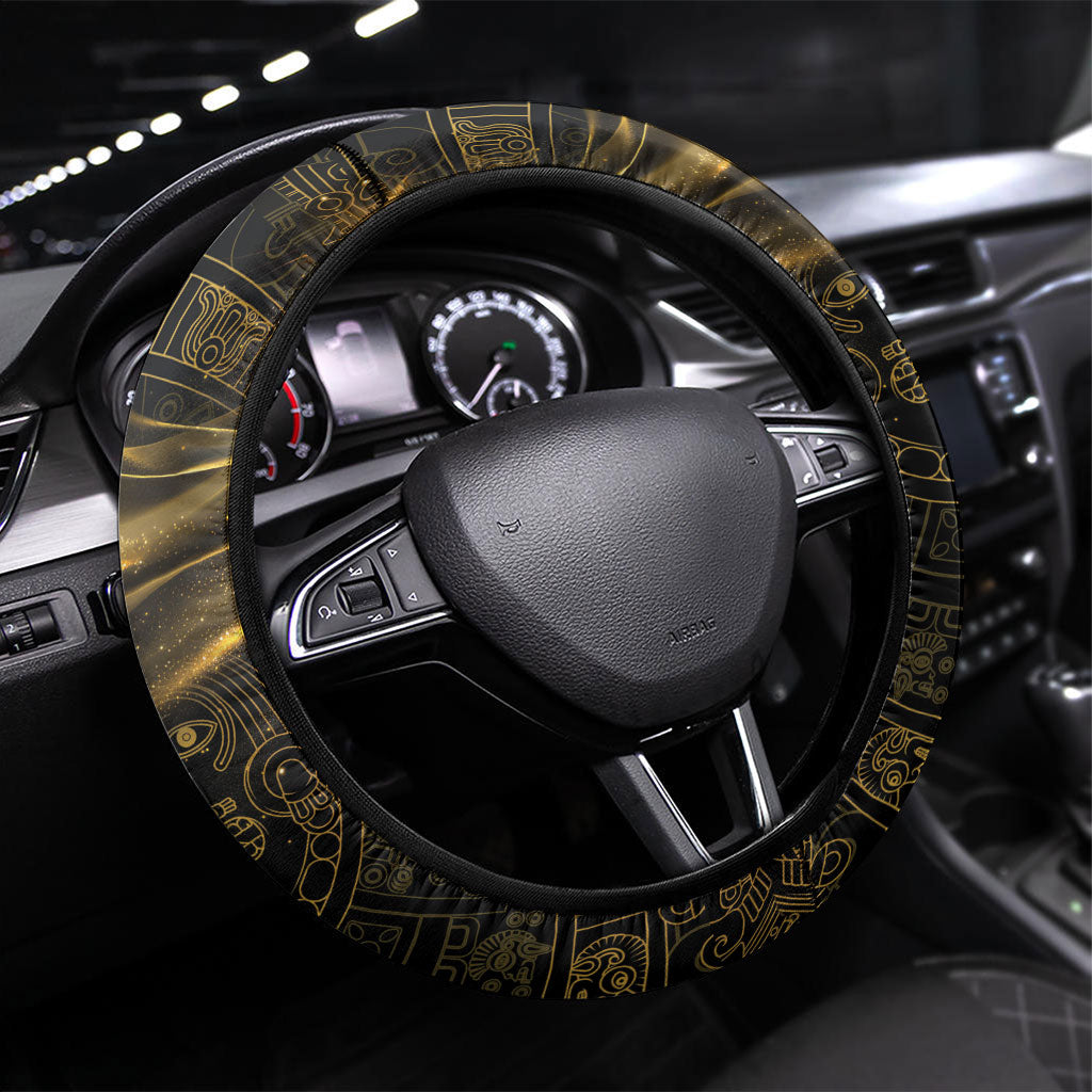 Mexico Quetzalcoatl Aztec Calendar Steering Wheel Cover Black Gold Tribal Warrior Art