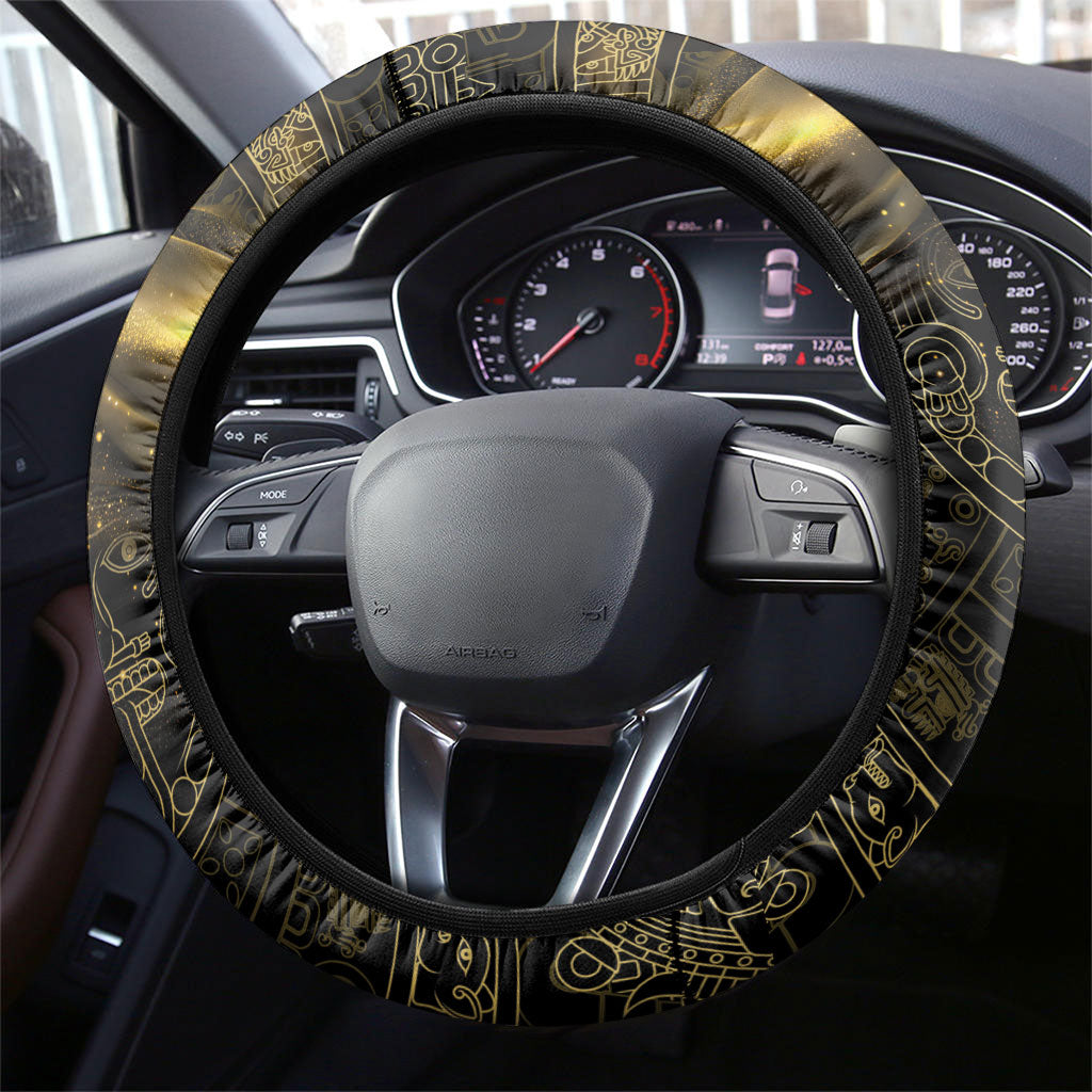 Mexico Quetzalcoatl Aztec Calendar Steering Wheel Cover Black Gold Tribal Warrior Art