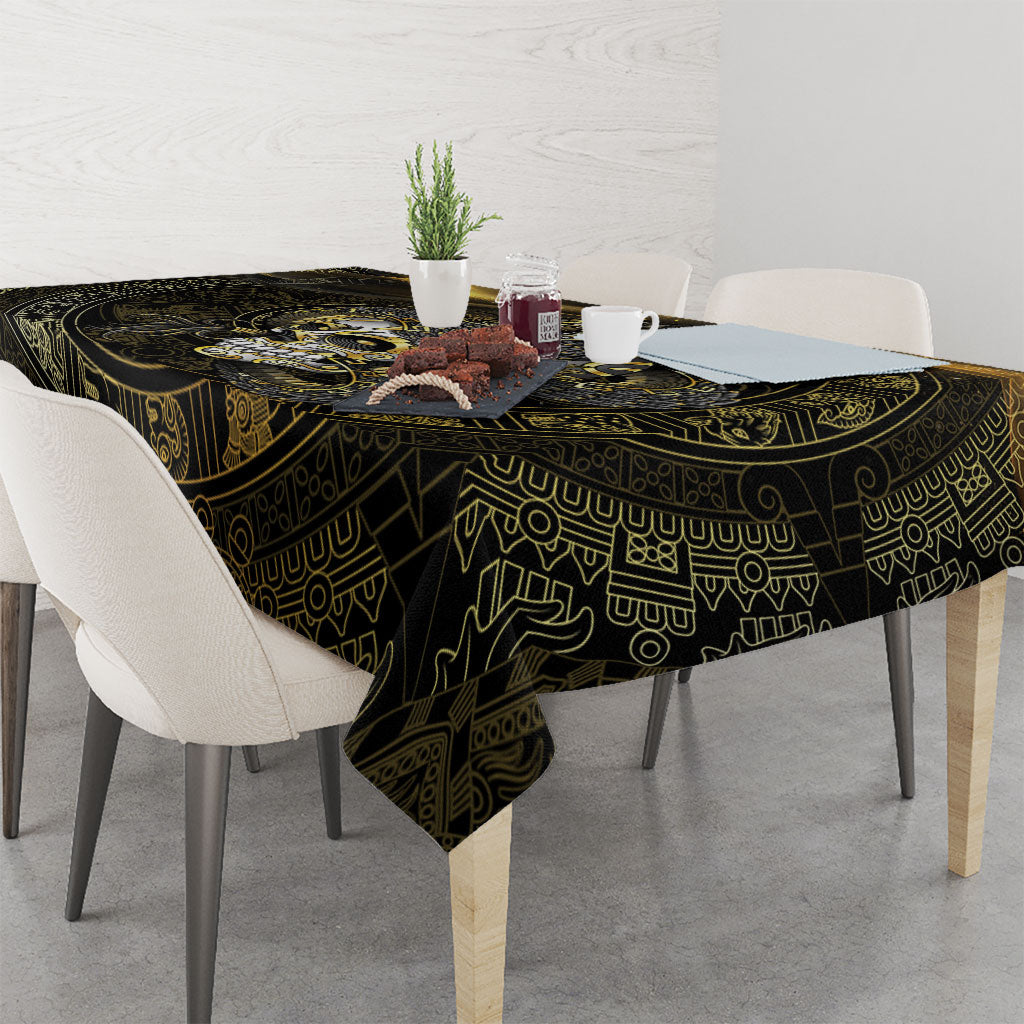 Mexico Quetzalcoatl Aztec Calendar Tablecloth Black Gold Tribal Warrior Art