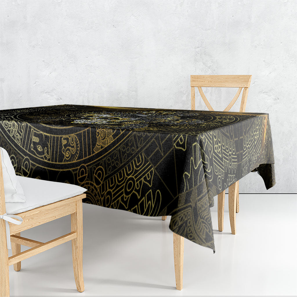 Mexico Quetzalcoatl Aztec Calendar Tablecloth Black Gold Tribal Warrior Art