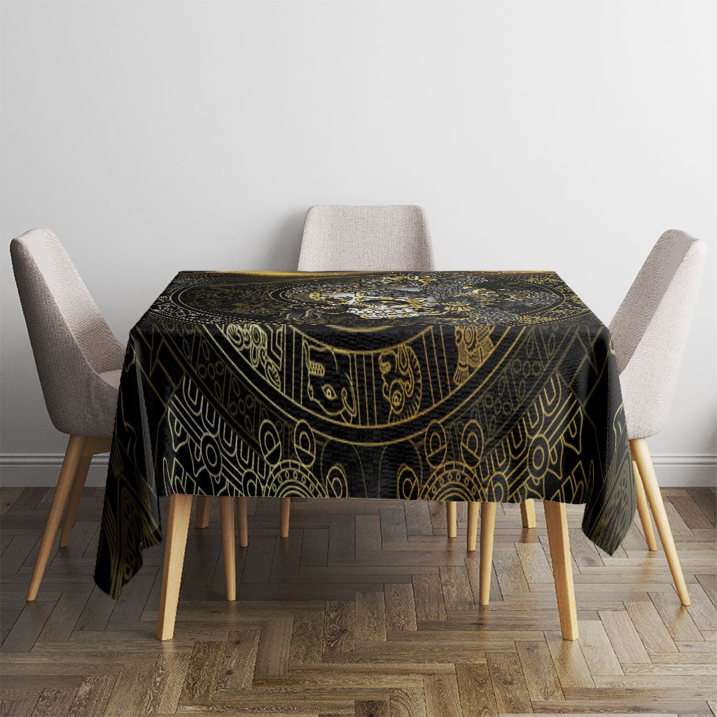 Mexico Quetzalcoatl Aztec Calendar Tablecloth Black Gold Tribal Warrior Art