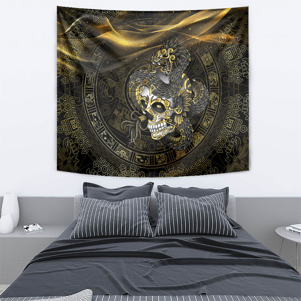 Mexico Quetzalcoatl Aztec Calendar Tapestry Black Gold Tribal Warrior Art