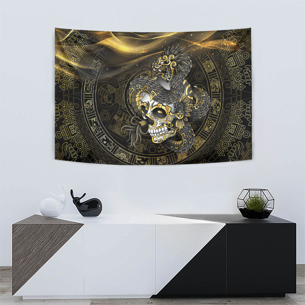 Mexico Quetzalcoatl Aztec Calendar Tapestry Black Gold Tribal Warrior Art