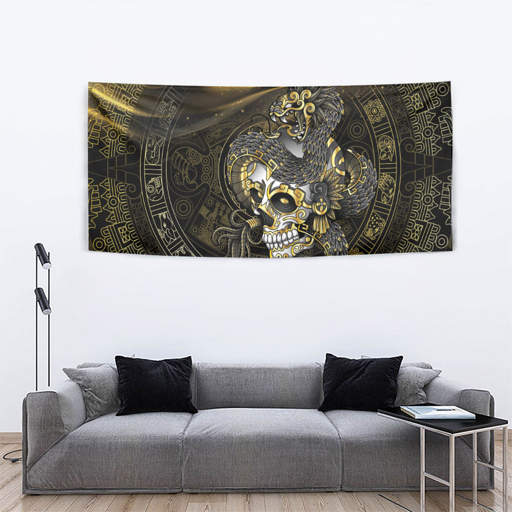Mexico Quetzalcoatl Aztec Calendar Tapestry Black Gold Tribal Warrior Art