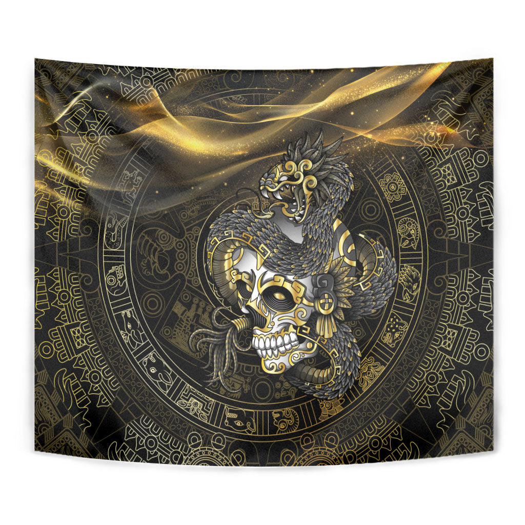 Mexico Quetzalcoatl Aztec Calendar Tapestry Black Gold Tribal Warrior Art