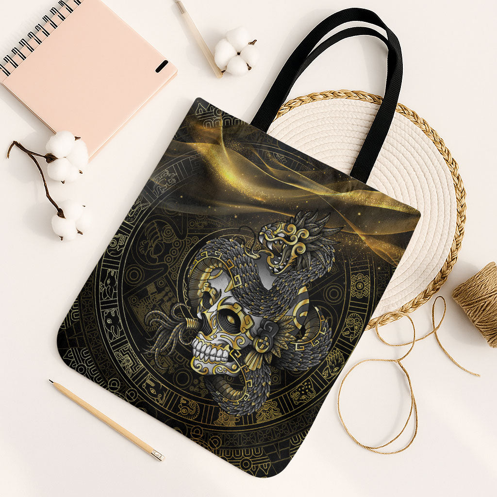 Mexico Quetzalcoatl Aztec Calendar Tote Bag Black Gold Tribal Warrior Art