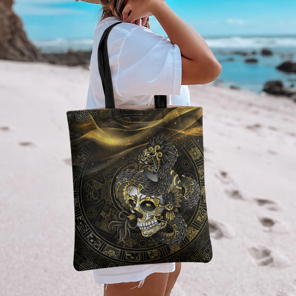 Mexico Quetzalcoatl Aztec Calendar Tote Bag Black Gold Tribal Warrior Art