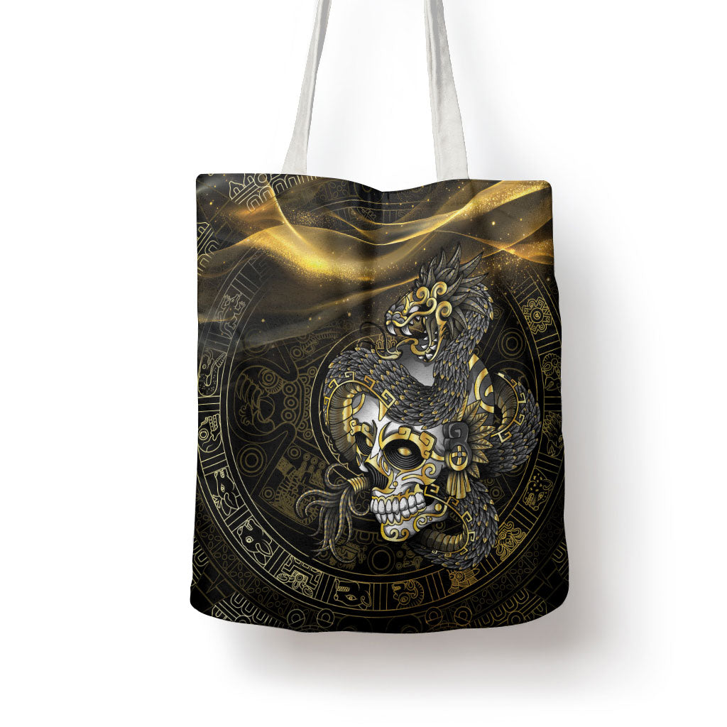 Mexico Quetzalcoatl Aztec Calendar Tote Bag Black Gold Tribal Warrior Art