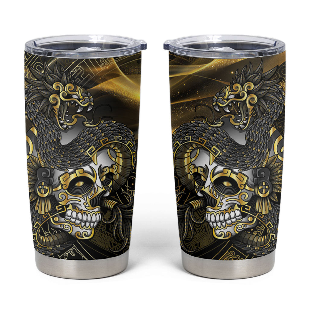 Mexico Quetzalcoatl Aztec Calendar Tumbler Cup Black Gold Tribal Warrior Art