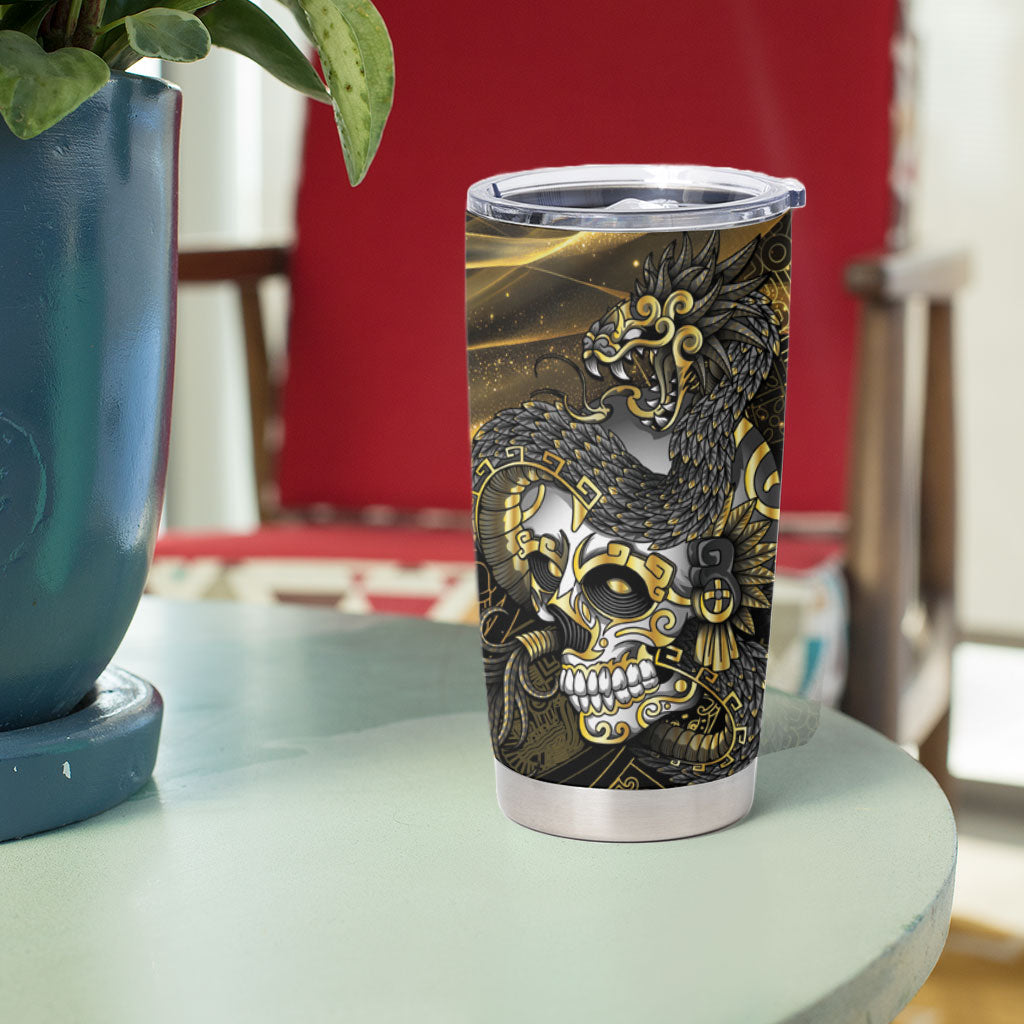 Mexico Quetzalcoatl Aztec Calendar Tumbler Cup Black Gold Tribal Warrior Art