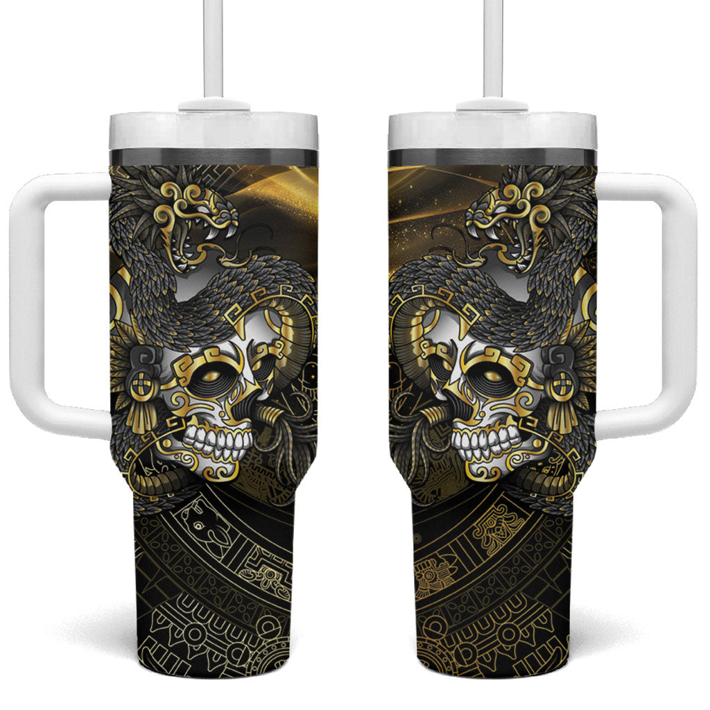 Mexico Quetzalcoatl Aztec Calendar Tumbler With Handle Black Gold Tribal Warrior Art