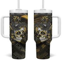 Mexico Quetzalcoatl Aztec Calendar Tumbler With Handle Black Gold Tribal Warrior Art