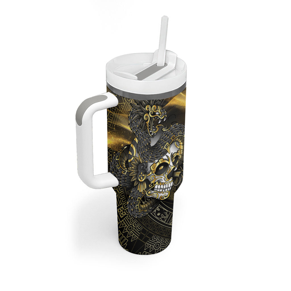 Mexico Quetzalcoatl Aztec Calendar Tumbler With Handle Black Gold Tribal Warrior Art