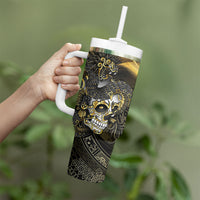 Mexico Quetzalcoatl Aztec Calendar Tumbler With Handle Black Gold Tribal Warrior Art