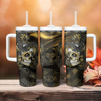 Mexico Quetzalcoatl Aztec Calendar Tumbler With Handle Black Gold Tribal Warrior Art