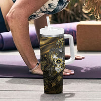 Mexico Quetzalcoatl Aztec Calendar Tumbler With Handle Black Gold Tribal Warrior Art