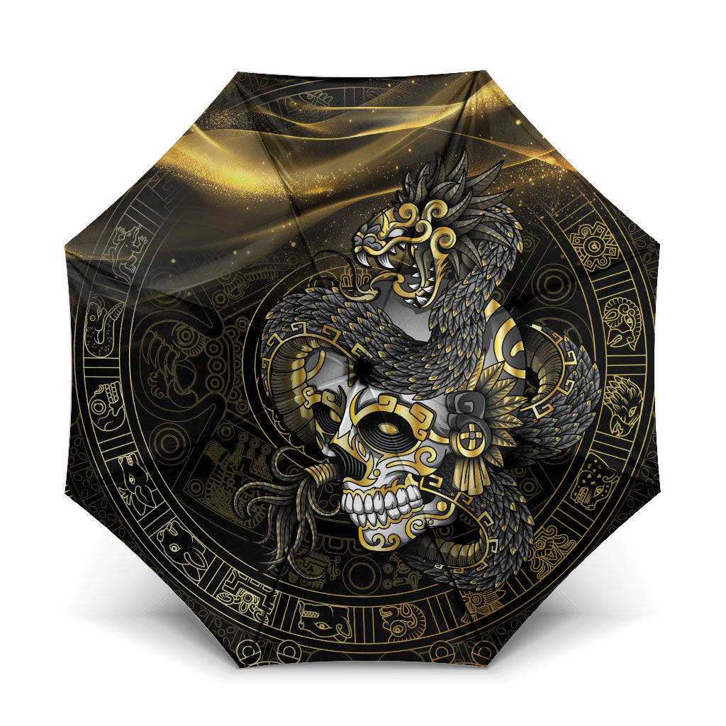 Mexico Quetzalcoatl Aztec Calendar Umbrella Black Gold Tribal Warrior Art
