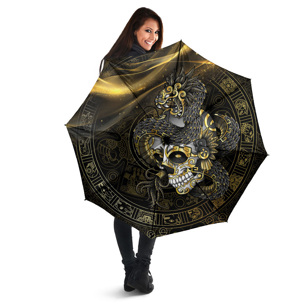 Mexico Quetzalcoatl Aztec Calendar Umbrella Black Gold Tribal Warrior Art