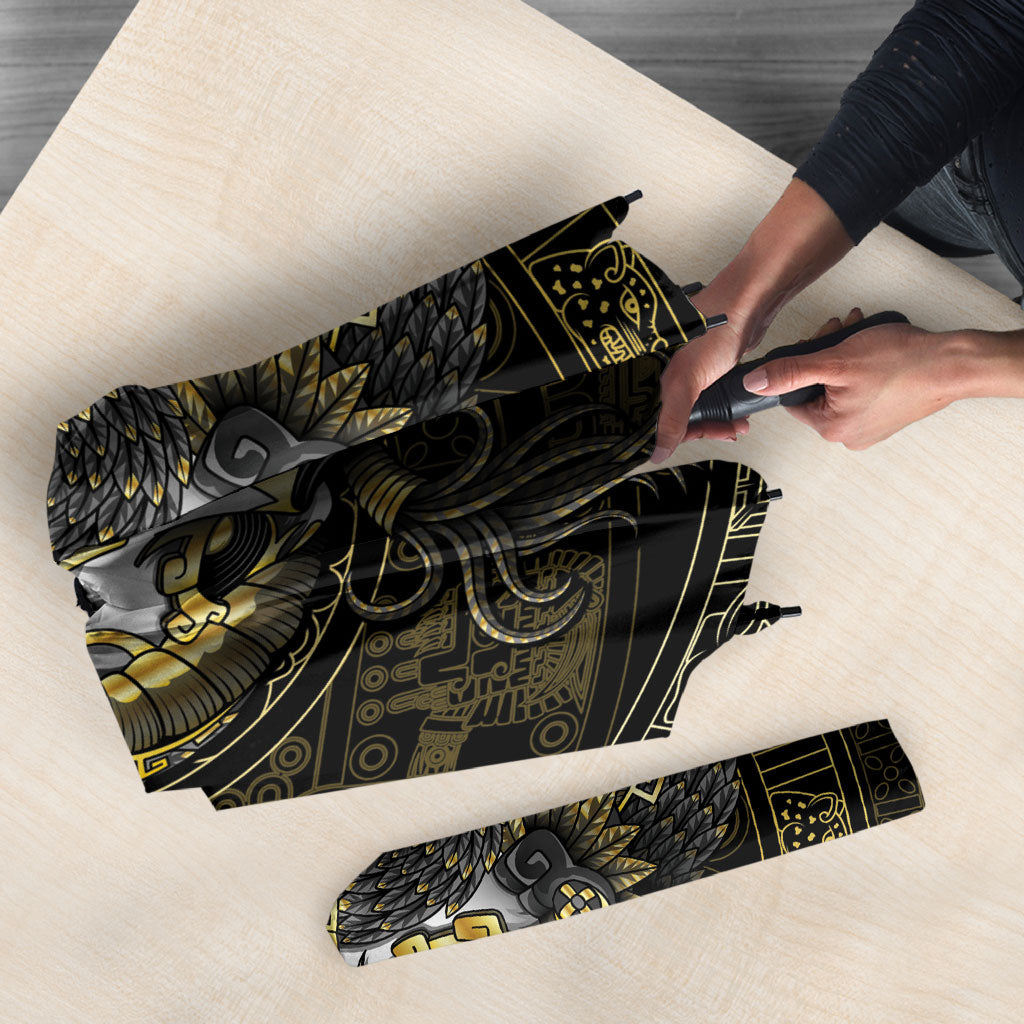 Mexico Quetzalcoatl Aztec Calendar Umbrella Black Gold Tribal Warrior Art