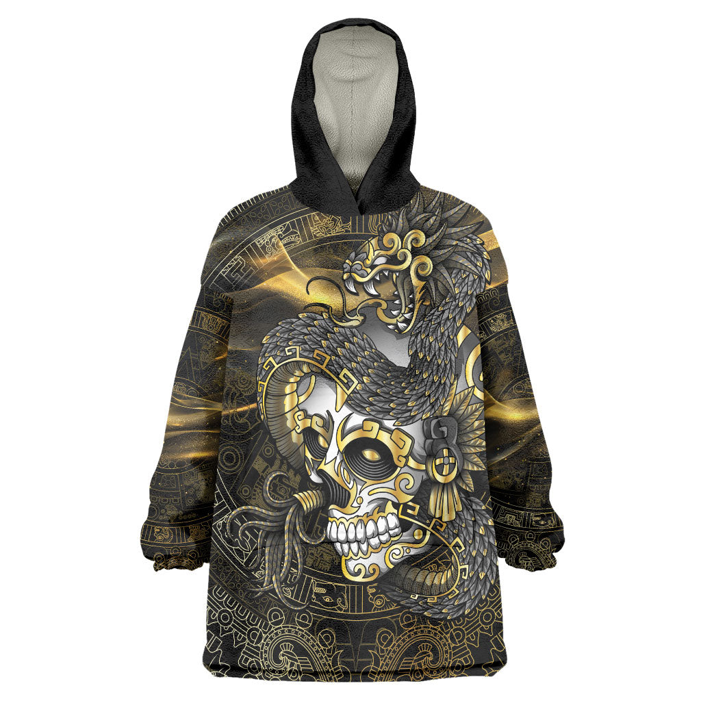 Mexico Quetzalcoatl Aztec Calendar Wearable Blanket Hoodie Black Gold Tribal Warrior Art
