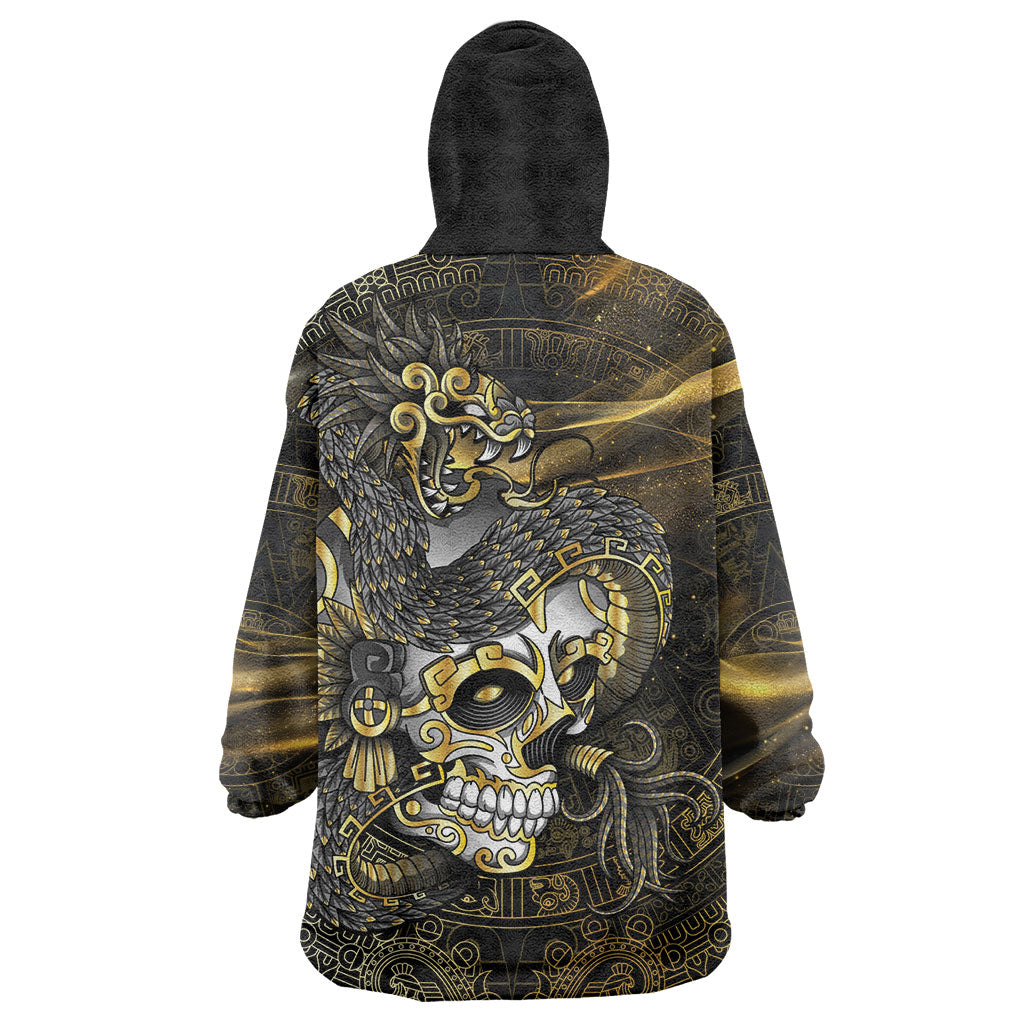 Mexico Quetzalcoatl Aztec Calendar Wearable Blanket Hoodie Black Gold Tribal Warrior Art