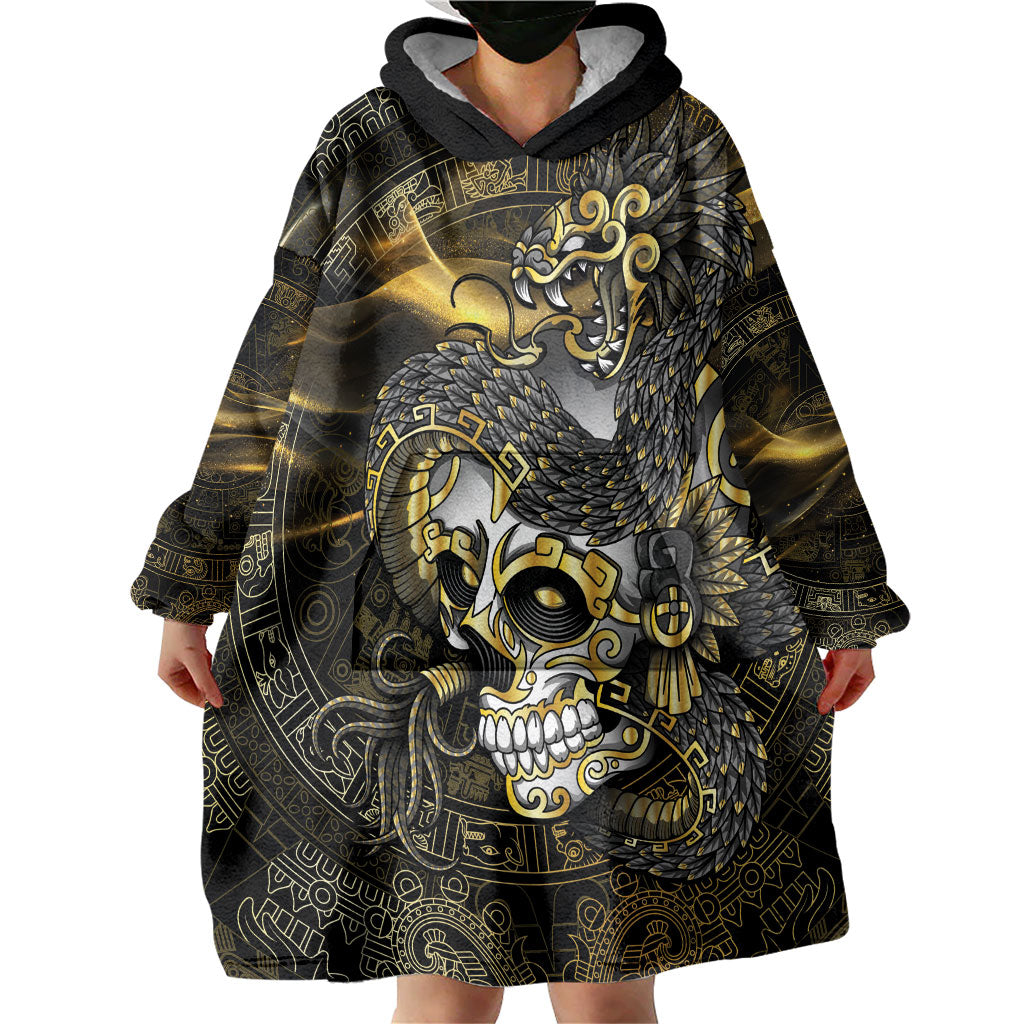 Mexico Quetzalcoatl Aztec Calendar Wearable Blanket Hoodie Black Gold Tribal Warrior Art