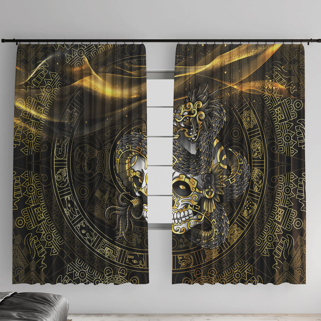 Mexico Quetzalcoatl Aztec Calendar Window Curtain Black Gold Tribal Warrior Art