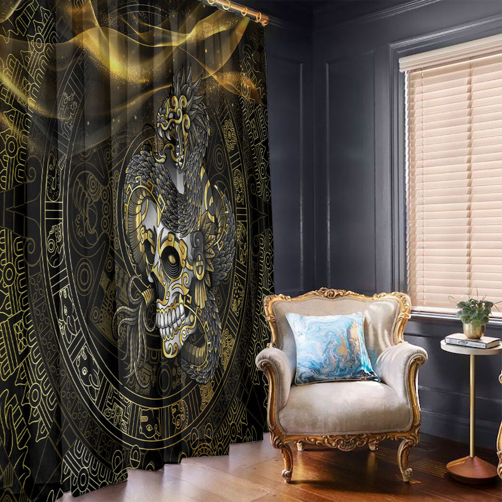 Mexico Quetzalcoatl Aztec Calendar Window Curtain Black Gold Tribal Warrior Art