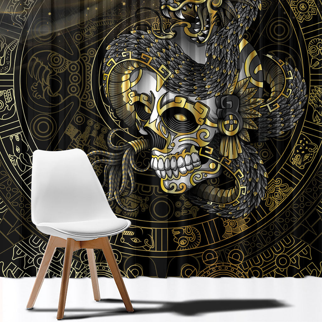 Mexico Quetzalcoatl Aztec Calendar Window Curtain Black Gold Tribal Warrior Art