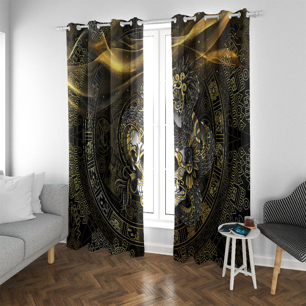 Mexico Quetzalcoatl Aztec Calendar Window Curtain Black Gold Tribal Warrior Art
