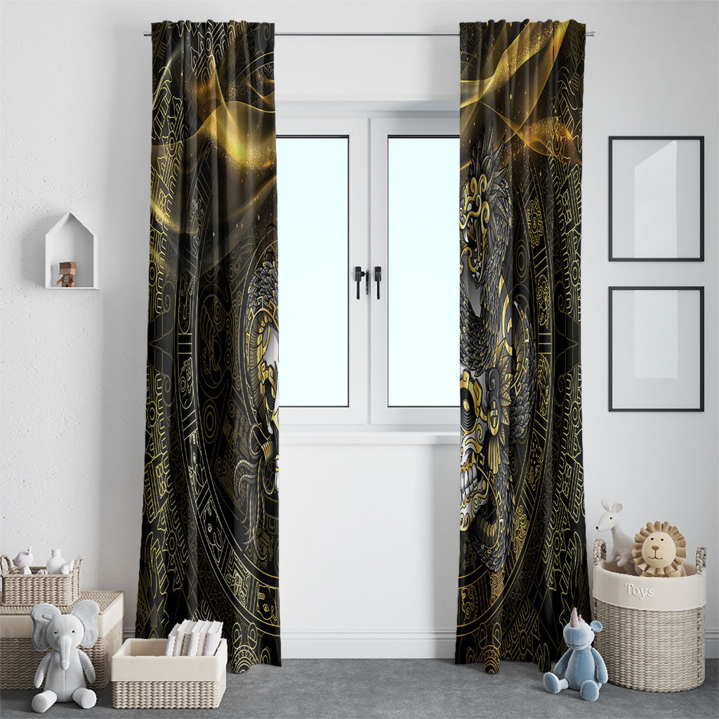 Mexico Quetzalcoatl Aztec Calendar Window Curtain Black Gold Tribal Warrior Art