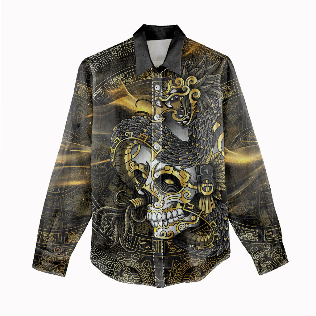 Mexico Quetzalcoatl Aztec Calendar Women Casual Shirt Black Gold Tribal Warrior Art