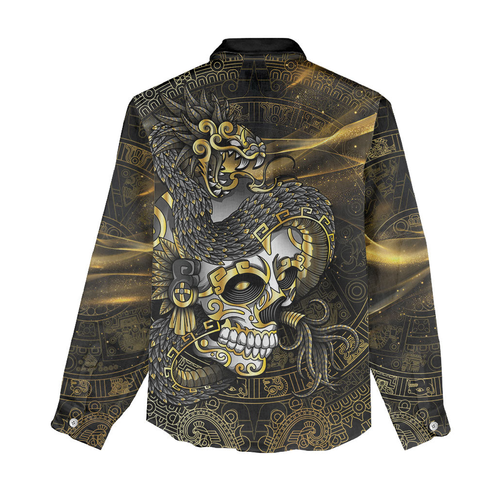 Mexico Quetzalcoatl Aztec Calendar Women Casual Shirt Black Gold Tribal Warrior Art