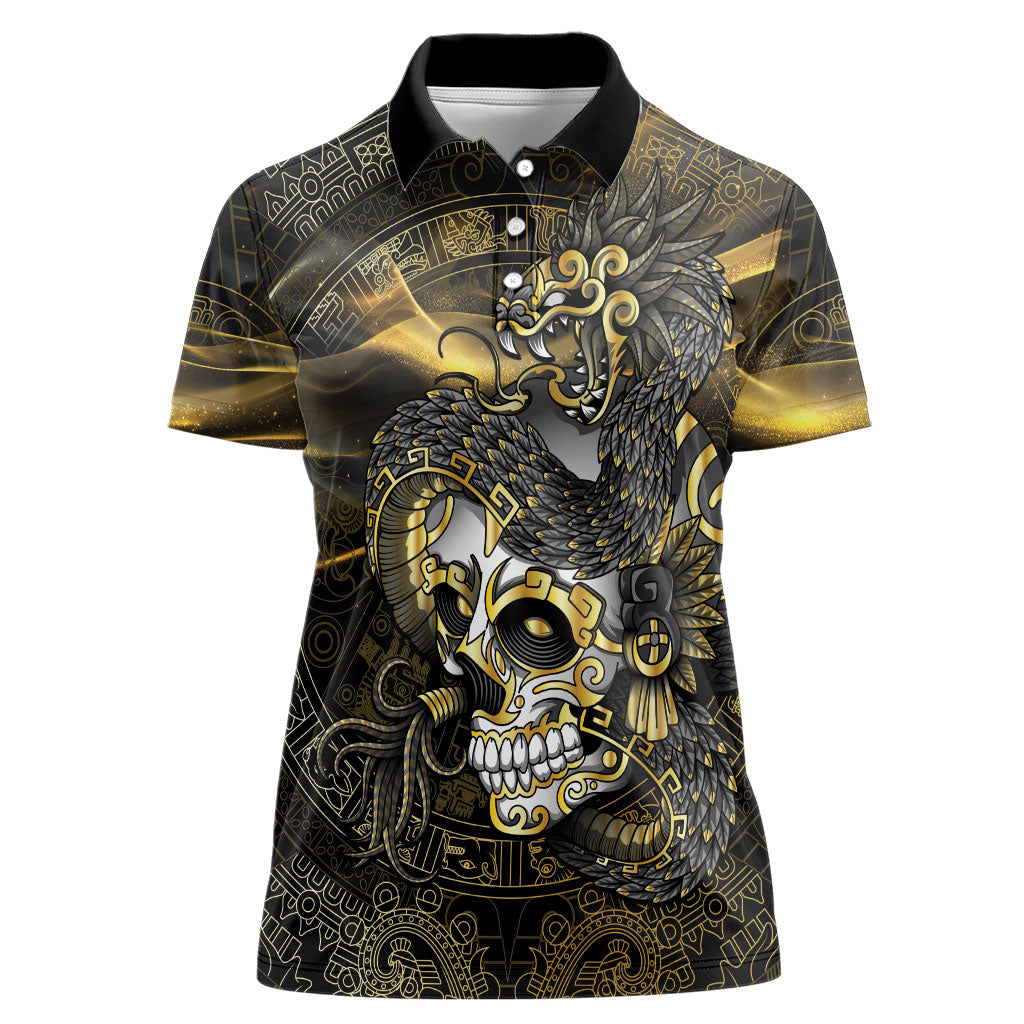Mexico Quetzalcoatl Aztec Calendar Women Polo Shirt Black Gold Tribal Warrior Art
