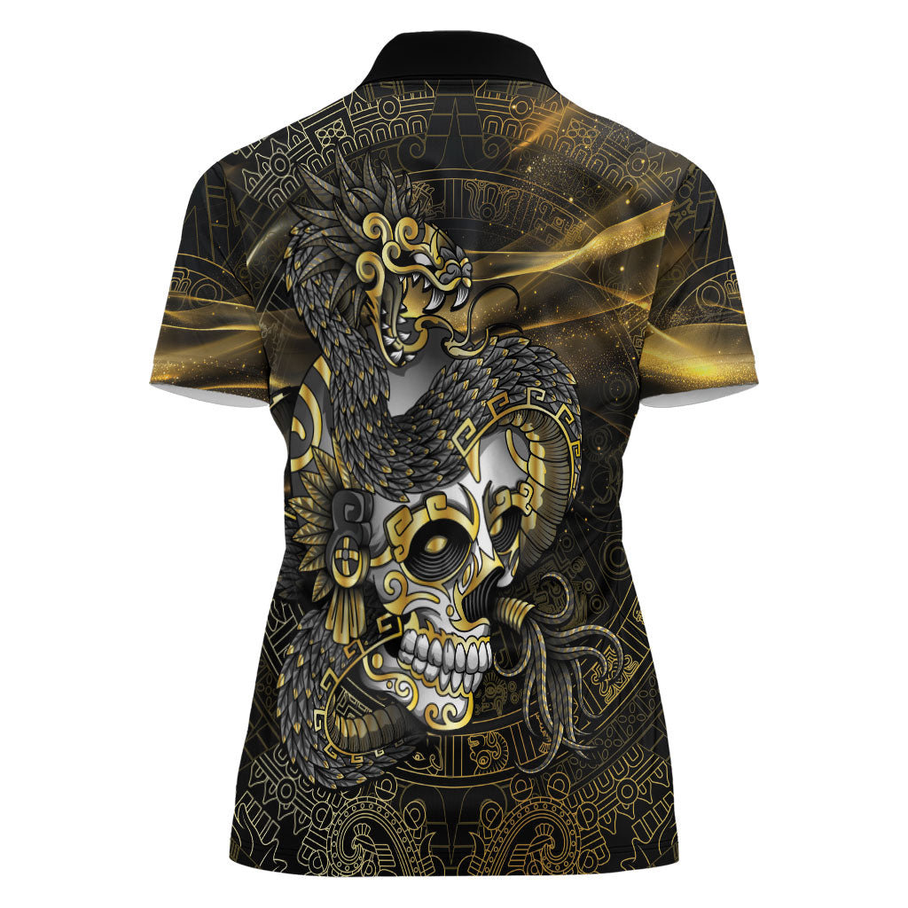 Mexico Quetzalcoatl Aztec Calendar Women Polo Shirt Black Gold Tribal Warrior Art