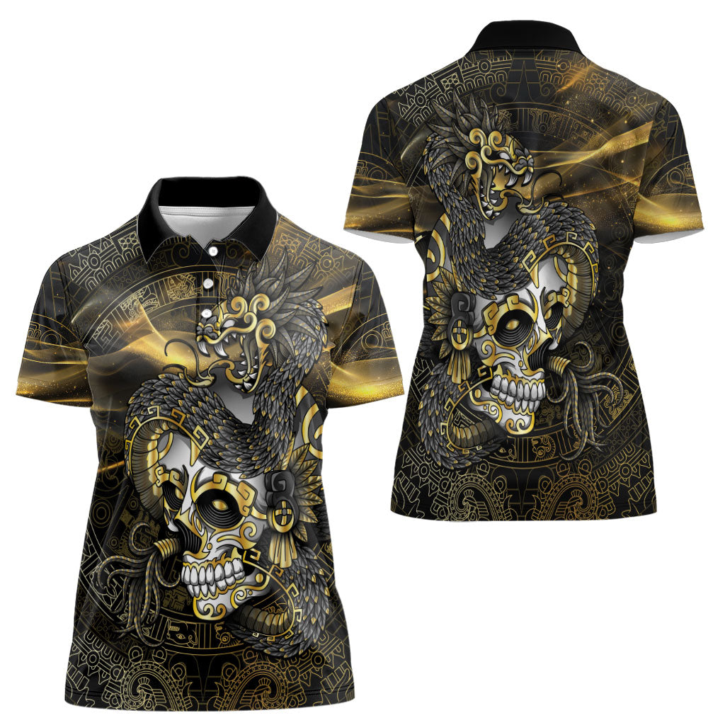 Mexico Quetzalcoatl Aztec Calendar Women Polo Shirt Black Gold Tribal Warrior Art