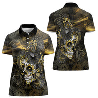 Mexico Quetzalcoatl Aztec Calendar Women Polo Shirt Black Gold Tribal Warrior Art