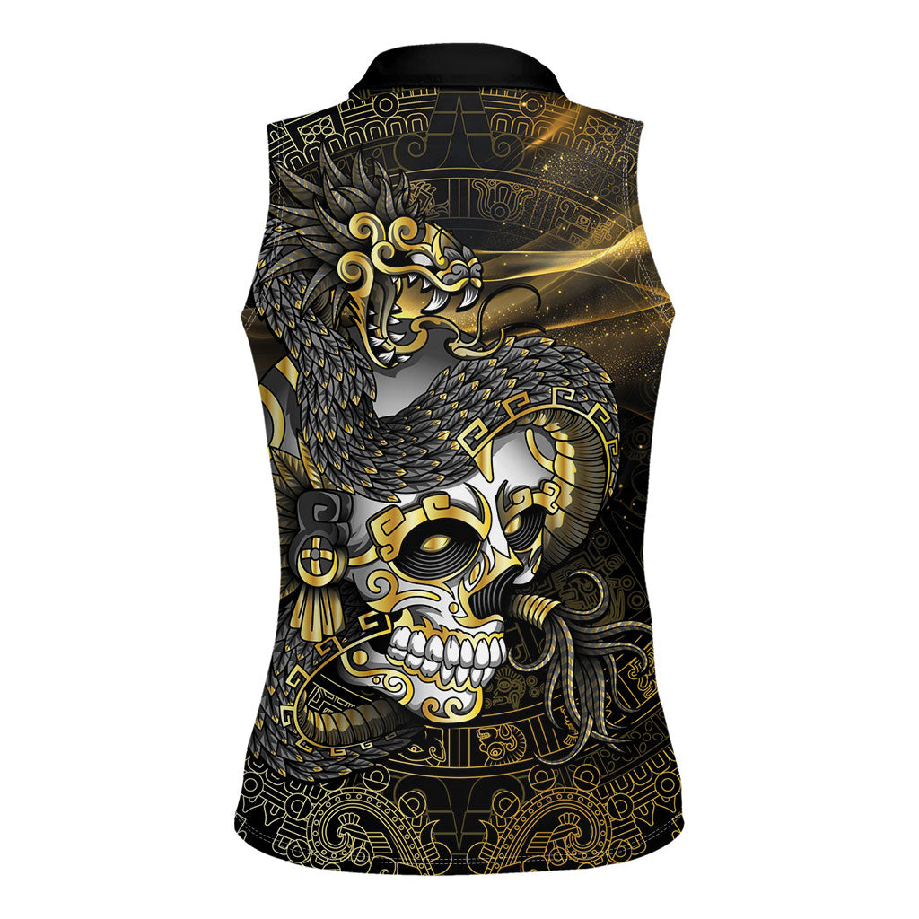 Mexico Quetzalcoatl Aztec Calendar Women Sleeveless Polo Shirt Black Gold Tribal Warrior Art