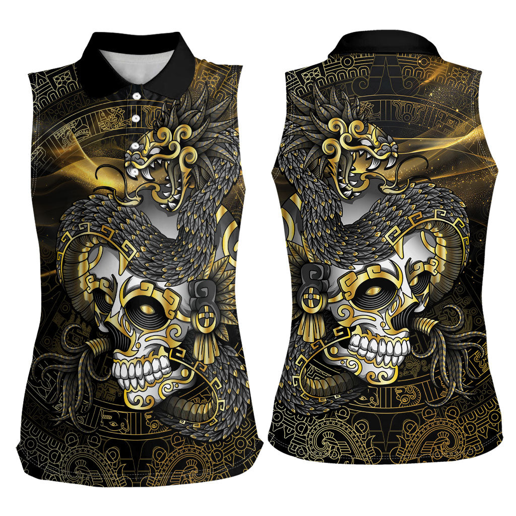 Mexico Quetzalcoatl Aztec Calendar Women Sleeveless Polo Shirt Black Gold Tribal Warrior Art