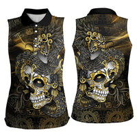 Mexico Quetzalcoatl Aztec Calendar Women Sleeveless Polo Shirt Black Gold Tribal Warrior Art