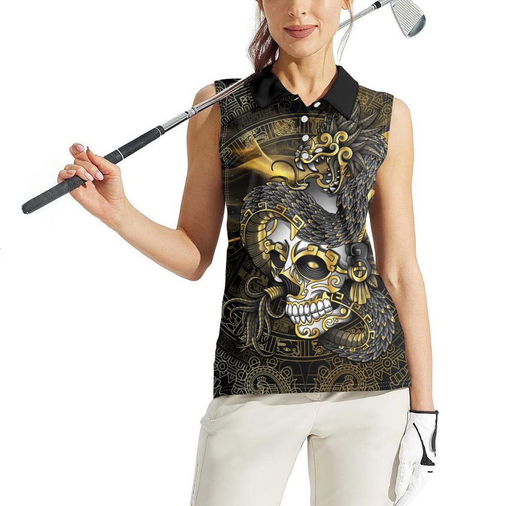 Mexico Quetzalcoatl Aztec Calendar Women Sleeveless Polo Shirt Black Gold Tribal Warrior Art