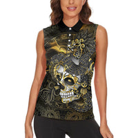 Mexico Quetzalcoatl Aztec Calendar Women Sleeveless Polo Shirt Black Gold Tribal Warrior Art