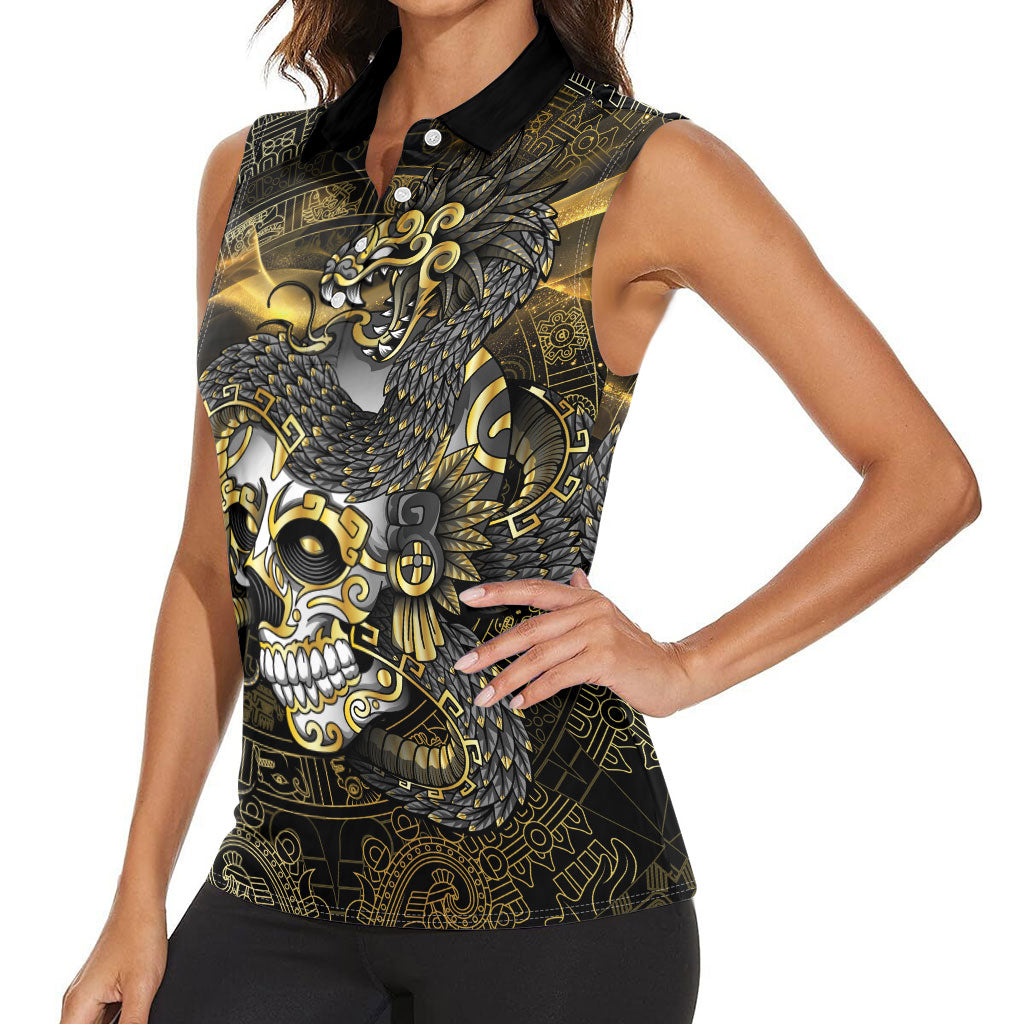 Mexico Quetzalcoatl Aztec Calendar Women Sleeveless Polo Shirt Black Gold Tribal Warrior Art