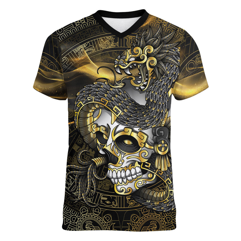 Mexico Quetzalcoatl Aztec Calendar Women V-Neck T-Shirt Black Gold Tribal Warrior Art