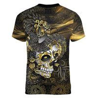 Mexico Quetzalcoatl Aztec Calendar Women V-Neck T-Shirt Black Gold Tribal Warrior Art
