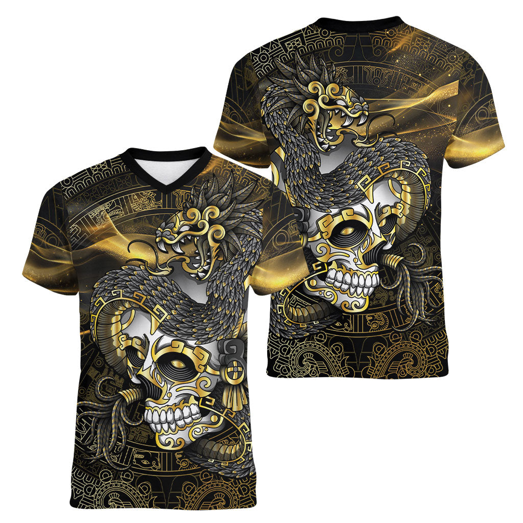 Mexico Quetzalcoatl Aztec Calendar Women V-Neck T-Shirt Black Gold Tribal Warrior Art